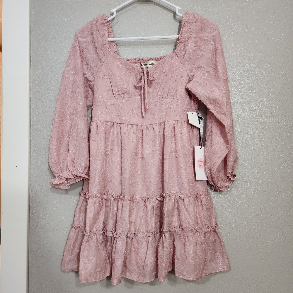 Poppies And Roses Dress Girls Size 14 Pink Triple Tier Long Sleeve‎